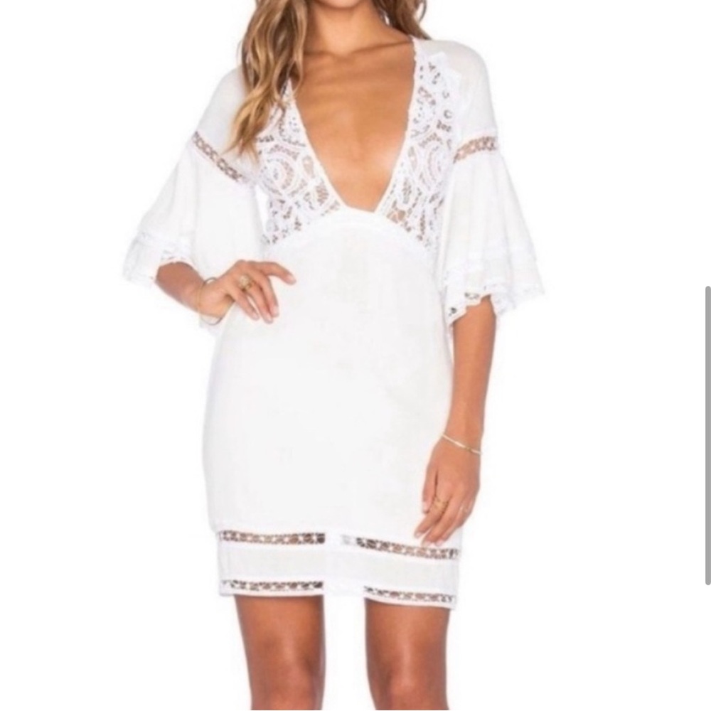 FOR LOVE AND LEMONS 🍋 White Lace V-Neck Mini Dress Sz L